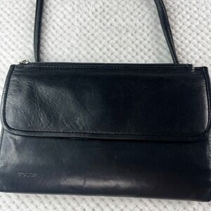 Fossil Vintage Black Leather Crossbody Wallet Bag Phone Holder Organizer Purse